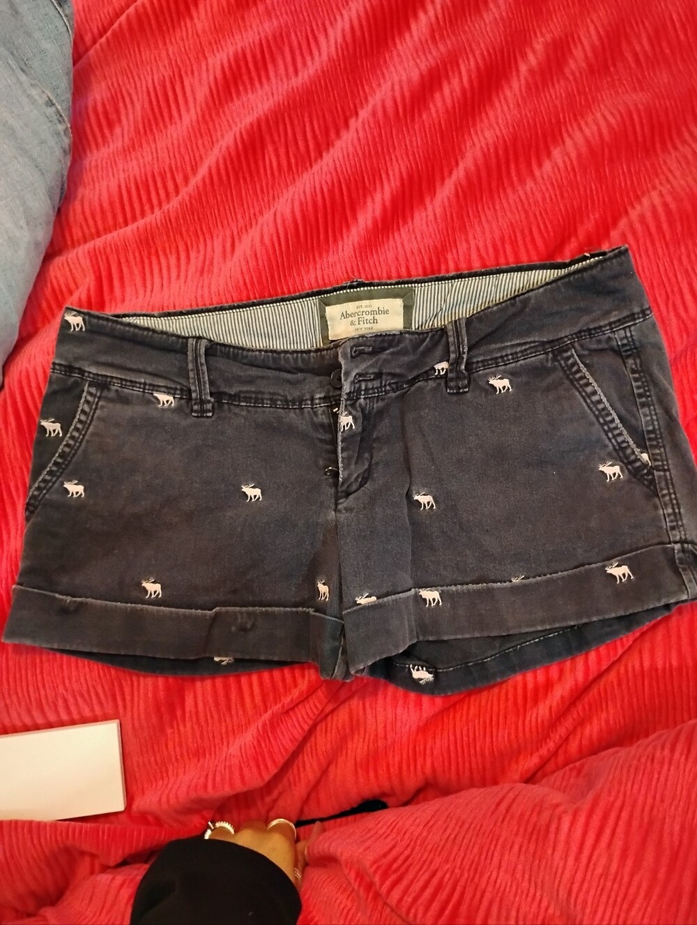 Abercrombie & Fitch Navy Embroidered Moose Denim Shorts
